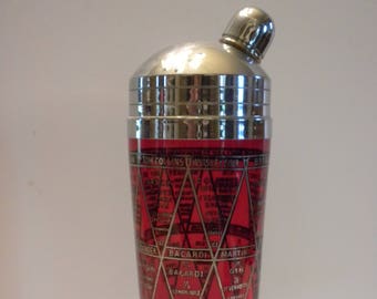 Red Glass Cocktail Shaker with Silver Overlay Drink Recipes Around Perimeter