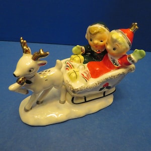 Vintage Napco Japan Boy and Girl Riding in Present Laden Sleigh Pulled by White Reindeer with Gold Antlers Wearing Gold Bell - Wonderful!