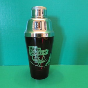 Vintage Ruby Red Cocktail Shaker - Silver Overlay, &quot;Happy Swallows&quot; Design