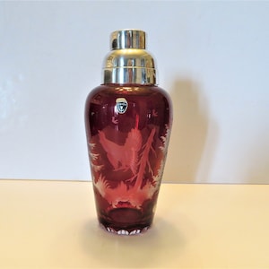 West Germany Cranberry Red Crystal Cut to Clear Cocktail Shaker Features Forrest Scene with Beautiful Alpine Trees and Bird - Decals Remain