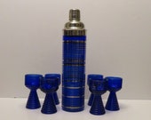 Cobalt Blue Art Deco Sky Scrapper Cocktail Shaker with Beautiful Silver Overlay and Ribbed Base - Center Pour - Six Matching Cocktail Cups