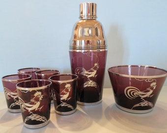 Vintage Amethyst Glass Cocktail Shaker Set Features Rooster Silver Overlay - Cocktail Shaker, Ice Bucket and 5 Cocktail Cups - Beautiful