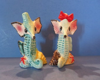 Artmark Japan Anthropomorphic Seahorse Salt and Pepper Shaker Set of Two (2) - Both Have a Starfish on Their Base - Sitting on a Seashell!