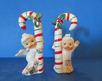 Vintage Japan Angels Holding Candy Canes Decorated with Holly - Wonderful Set that is Super Rare!  Excellent Condition!