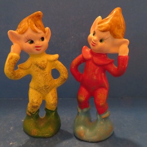 Vintage Japan Pixie Salt and Pepper Shaker Set of Two - Each is Saluting the Other - Wearing Red or Yellow Suits with Huge Green Boots!