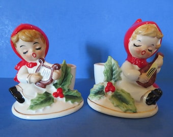 Nippon Christmas Girls - Taper Candle Holder Set of Two - Wonderful Holly Embellishment - Playing Harp or Mandolin - Excellent Vintage!