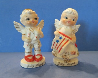 Artmark 4th of July Angel Salt and Pepper Shaker Set of Two (2) - She Holds Patriotic Banner and He Holds Fircrackers! Wonderful and Rare!