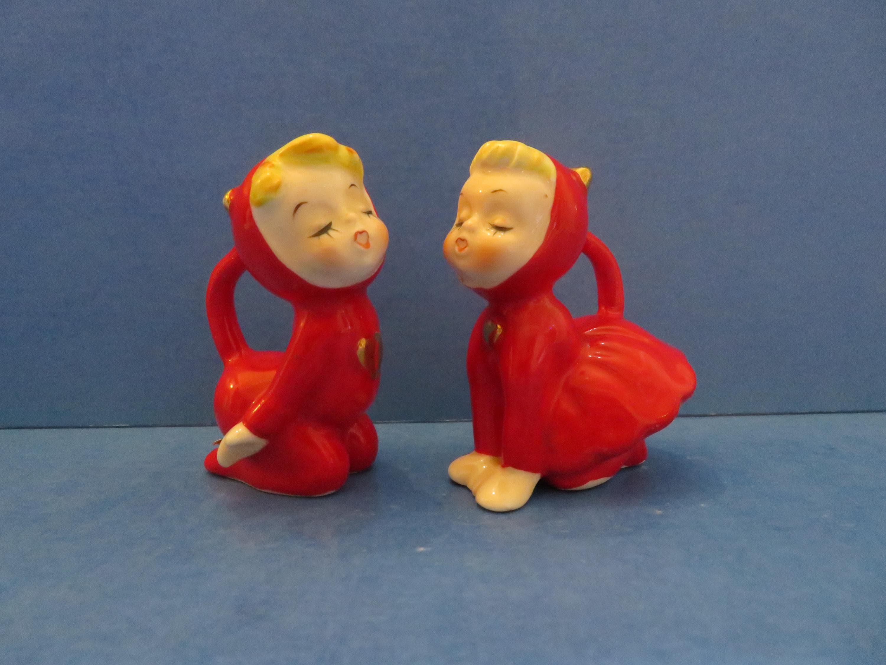 Vintage Japan Valentine's Kissing Devil Boy & Girl Salt and Pepper
