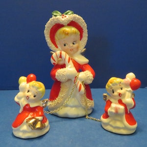 Tilso Christmas Momma and Her Two Daughters Chained Set of Three - Momma Holds Large Candy Cane - Girls Hold Bells and Present!