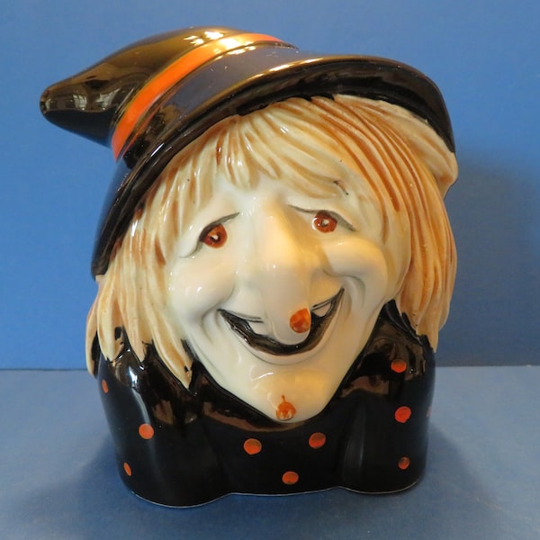 Inarco Witch Planter or Candy Holder - Wears Black Dress with Orange Polka Dots - Black Hat with Orange Band - Even Orange Warts! Excellent!