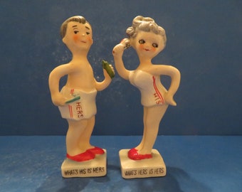 Vintage Japan "What's His is Hers and What's Hers is Hers" Salt and Pepper Shaker Set of Two - Wonderful Vintage!