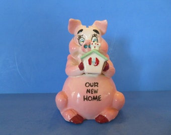 Kreiss Piggy Bank - "For Our New Home" - Rhinestone Eyes and Nostrils - Wonderful Vintage