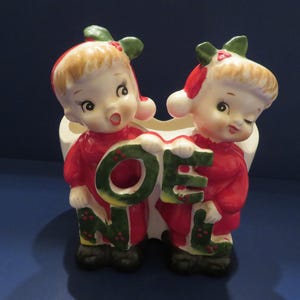 HF Co. Japan NOEL Boy and Girl Candy Cane Holder or Planter - Each Wears Santa Hat with Holly Embellishment - Wonderful!