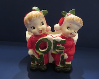 HF Co. Japan NOEL Boy and Girl Candy Cane Holder or Planter - Each Wears Santa Hat with Holly Embellishment - Wonderful!