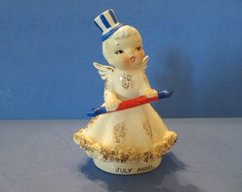 Norcrest July Angel Wears Uncle Sam Hat Holds Spear w Red Center and Blue End Points - Wonderful Spaghetti Trim