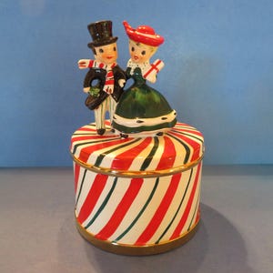 Lefton Christmas Candy Cane Covered Candy Dish - Dapper Man and His Lovely Shopper Girl Headed Out for Busy Christmas Shopping Day!