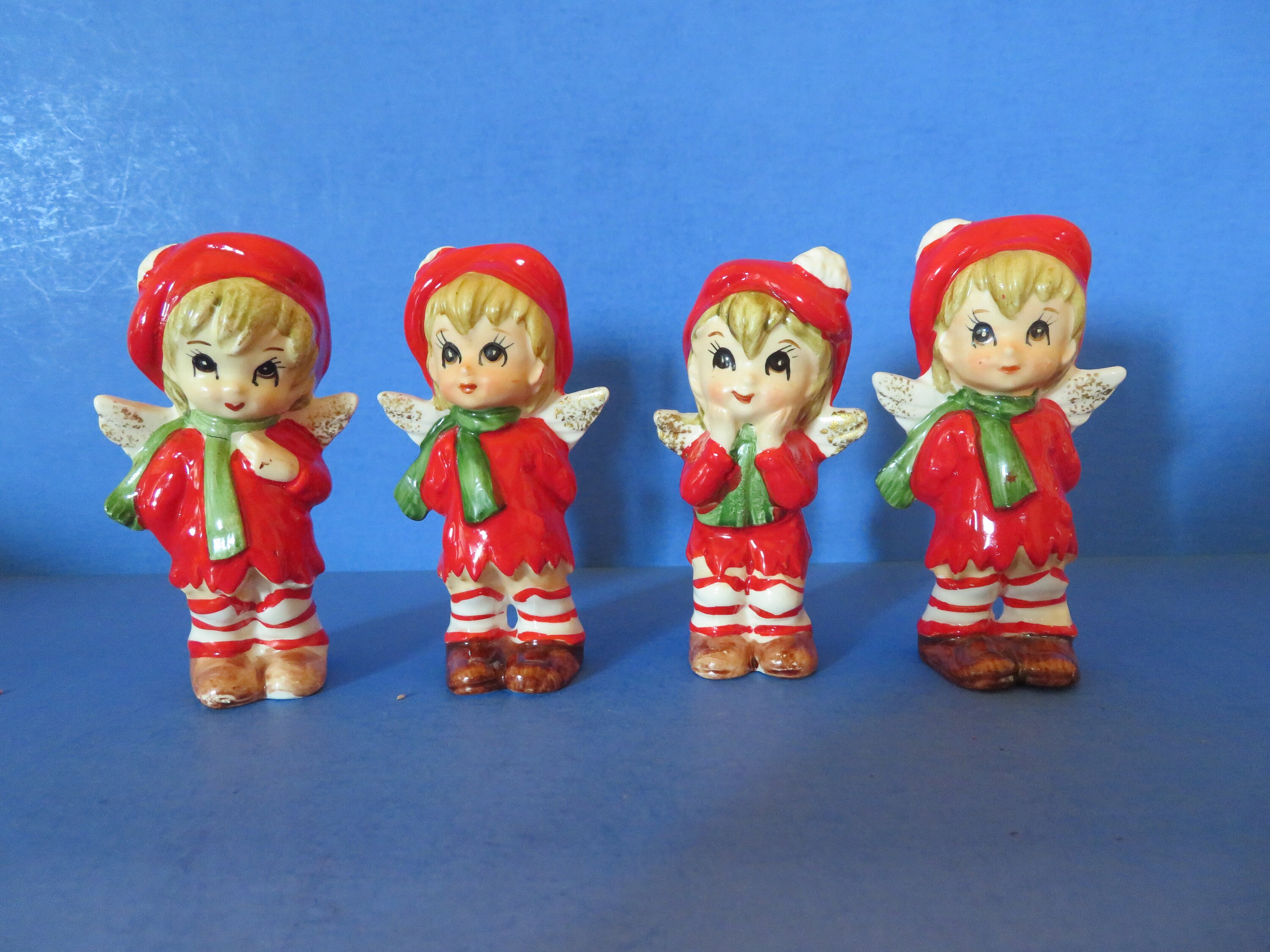 Vintage Japan Vagabond Angels - Set of Four - Each Wears a Tam Hat, Red Coat, Green Scraf and Candy Cane Striped Socks - Excellent!