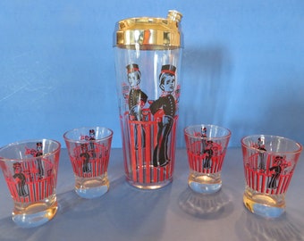 Johnny Bellhop Bell Boy Cocktail Shaker w Beautiful Red & Black Graphics on Shaker Perimeter w Chrome Lid and Spout Cover - 4 Cocktail Cups