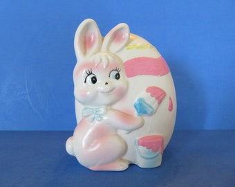 Inarco Easter Bunny Rabbit is Painting Huge Easter Egg with Pink and Yellow ZigZag Design - Planter or Jelly Bean Holder - Excellent Vintage