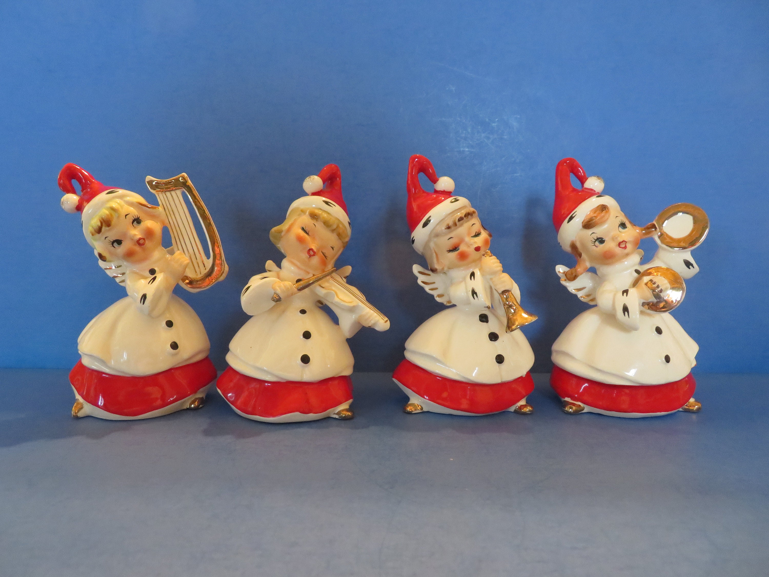 Ucagco Angel Bell Quartet - Each Wears Santa Cap While Playing a Musical Instrument - Harp, Cymbals, Horn or Violin - Wonderful and Rare Set