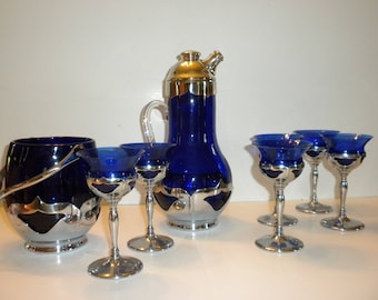 Farber Bros Cobalt Blue Cocktail Shaker w Ice Bucket and 6 Martini Glasses. Very Rare!