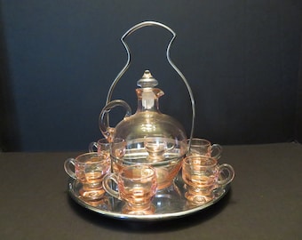 Cambridge Pink Decanter with Six (6) Cups - Sits on Chrome Nested Farberware Tray with Carry Handle - Wonderful Vintage