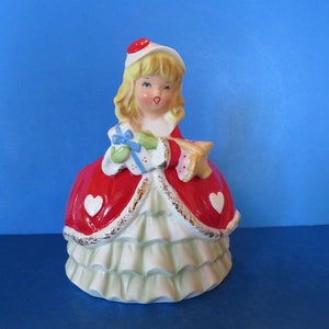 Vintage Japan Valentine's Day Planter - Beautiful Young Lady Wears Red Coat Over Green Underskirt - White Hat - Dimensional Hearts