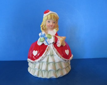 Vintage Japan Valentine's Day Planter - Beautiful Young Lady Wears Red Coat Over Green Underskirt - White Hat - Dimensional Hearts