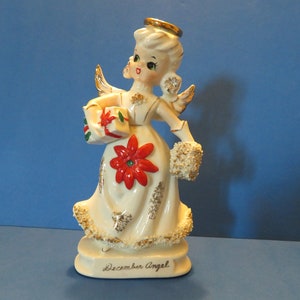 Knobler December Angel Holds Muff in One Hand with Present in the Other - Poinsettia Embellished Dress - Wonderful!