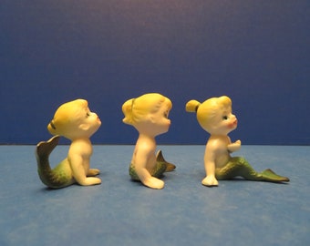 Norcrest Mermaid Set of 3 - Lovely Little Blonde Pony Tail Ladies w Green Tail Fins - Lovely Near Mint -  Rare Set!