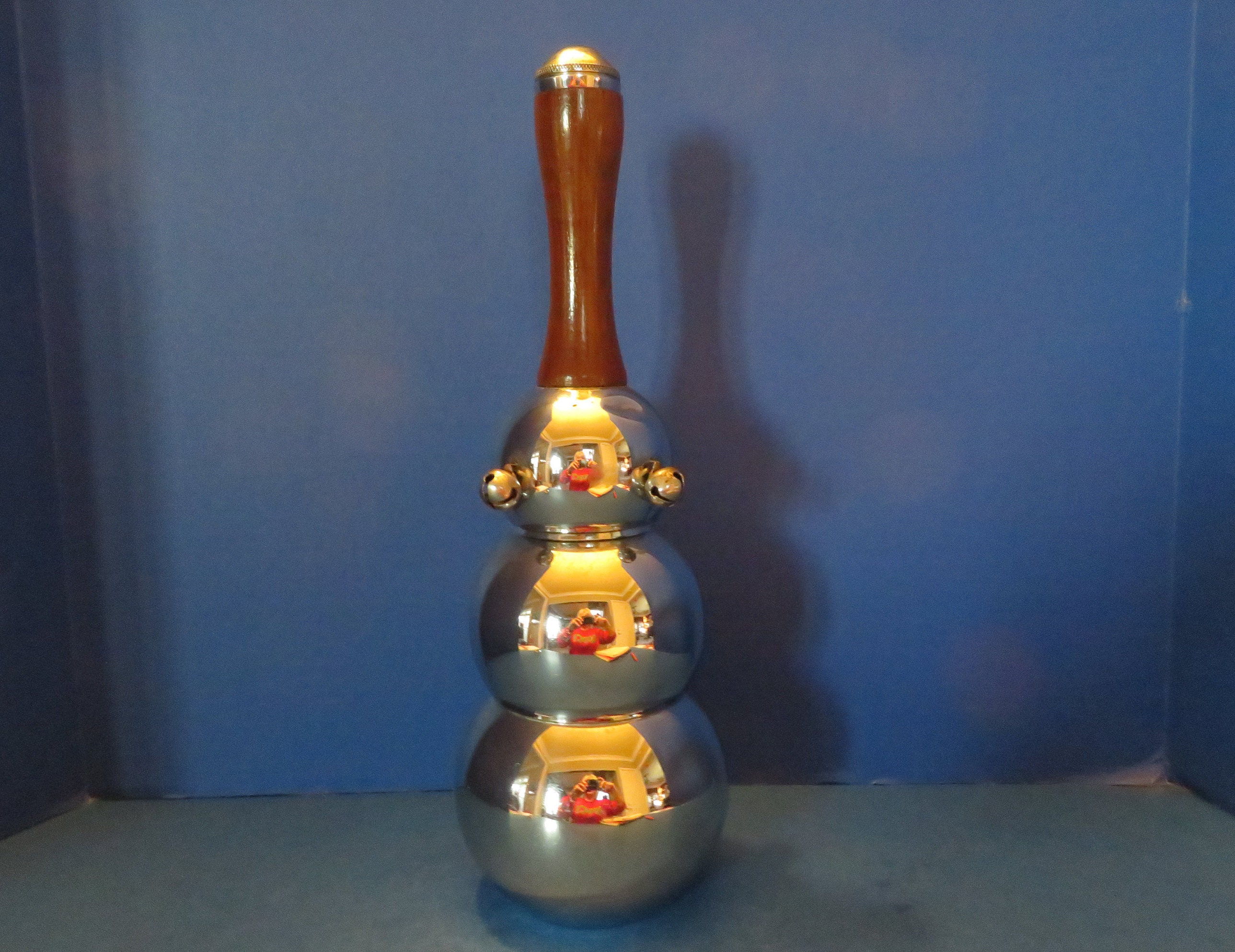 Jingle Bell Cocktail Shaker Marked Patent Pending - Chrome & Wood - Super Rare!