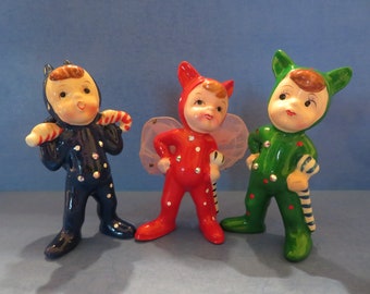 Empress Japan Christmas Pixies Striking a Pose with Their Candy Canes - Rhinestone Embellished w Occasional Polka Dot - Wonderful Vintage!