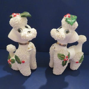 Norcrest Christmas Poodle Set of Two - Embellished with Holly - Wearing Gold Bells on Their Collars - Lovely and Rare Set