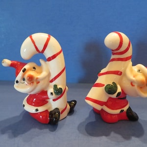 Lego Santa's Hold Huge Candy Canes - Salt and Pepper Shaker Set of Two - Dated 1959 - Excellent Fella's in Wonderful Vintage Condition!