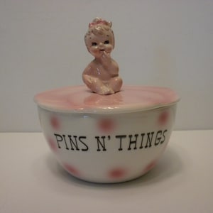 Norcrest Baby Girl Sitting on a Pink Petal Lid on Top of a Pink Polka Dot Trinket Dish - "Pins N' Things" - Adorable and Rare!