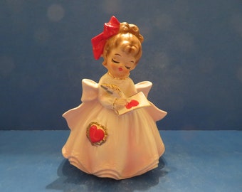 Norcrest Valentine's Girl Planter is Writing a Note to Her Love - Beautiful Little Lady w Pink Tinted Dress Embellished w Hearts - Excellent