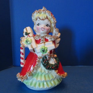 Neidco Christmas Shopper Girl Angel is Loaded with Presents, Candy Cane and Wreath - Candy Cane Holder or Planter - Excellent and Rare!