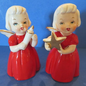 Shafford Engel Mädchen 2er Set - Jede Trägt ein Wunderschönes Rotes Kleid - Hält Entweder einen Stern oder eine Kerze - Wunderbarer Vintage!