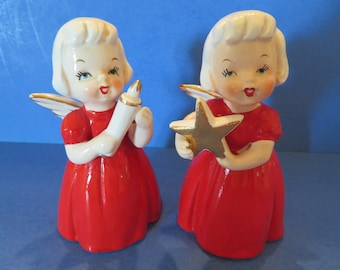 Shafford Angel Girls Set of Two - Each Wears a Beautiful Red Dress - Holding Either a Star or a Candle - Wonderful Vintage!