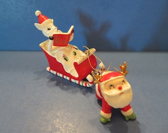 Holt Howard Weihnachtsmann zieht Rentier im Schlitten vor sich - Nach einer langen harten Nacht! Super Rare Whimsical Christmas - Wunderbare Vintage - Original Box