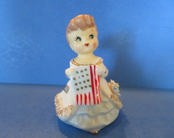 Wales July Bell Holds a Patriotic American Flag Proudly Between Her Hands - Pony Tail Flying in the Breeze - Wonderful Vintage!