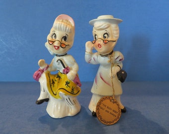 Enesco Busy Biddy Salt and Pepper Shaker Set of Two - One is Trying to Hear - The Other is Trying to Dance - Original Hang Tag - Excellent!