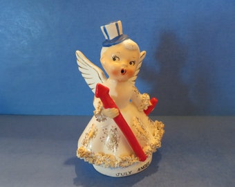 Artmark 4th of "July Angel" Wears Blue and White Striped Uncle Sam Hat and Holds Large Firecracker in Her Hands! Wonderful Vintage!