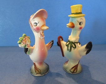 Norcrest Mr and Mrs Duck Out for a Spring Stroll - Salt and Pepper Shaker Set of Two - He has a Cane and She has a Bouquet of Flowers!