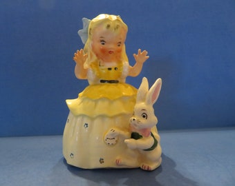 Napco Alice in Wonderland - Alice is Looking So Surprized in Her Yellow Gown - Rabbit is Beside Her Holding His Watch - He is LATE! c.1956