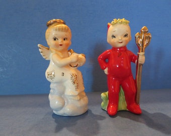Artmark Devil and Angel Salt and Pepper Shaker Set of Two - She Holds a Harp - He Holds a Pitchfork - Rarely Found!