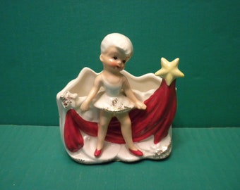 Norcrest Christmas Ballerina with Shooting Star Detail Candy Cane Holder or Planter with Red Trail Beneath the Shooting Yellow Star - Rare!