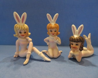 Lefton Playboy Bunny Pixie Set of Three Lovely Ladies; Blonde, Brunette, Red Head - Va Va Va Voom Bunny's!