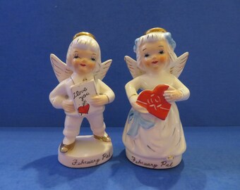 Napco February Angel Pal - Set of 2 - He Wears Gold Embellished White Suit & Holds Valentine - I Love You! She Holds His Heart - Wonderful!