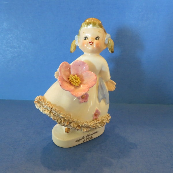 Marilyn Exclusive Apple Blossom April Angel with White Spaghetti Trimmed Gown - Blue Sash and Hair Ribbons - Holds Huge Apple Blossom!